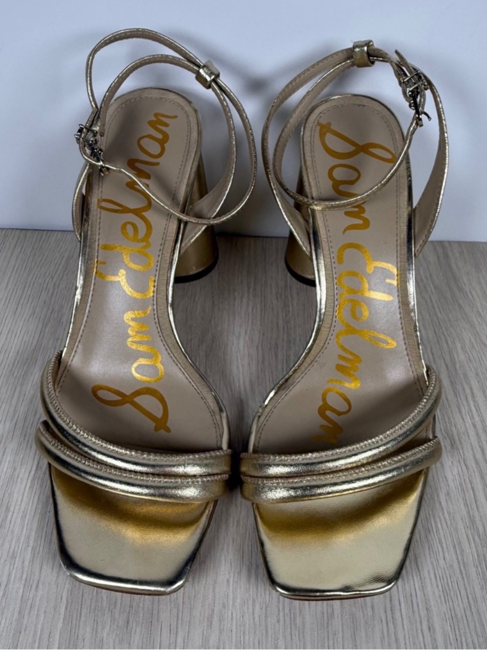 Sam Edelman Metallic Gold Ankle-Strap Square-Toe Heels